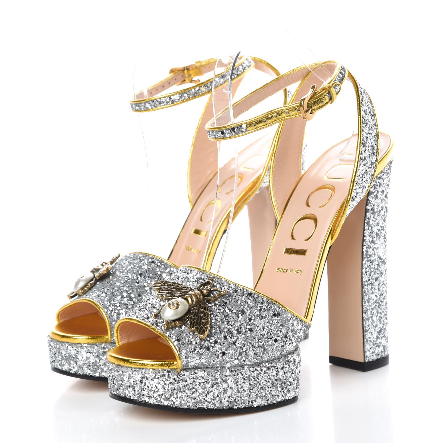Gucci Glitter Soko Bee Platform High Heel Sandals 40 Argento Oro