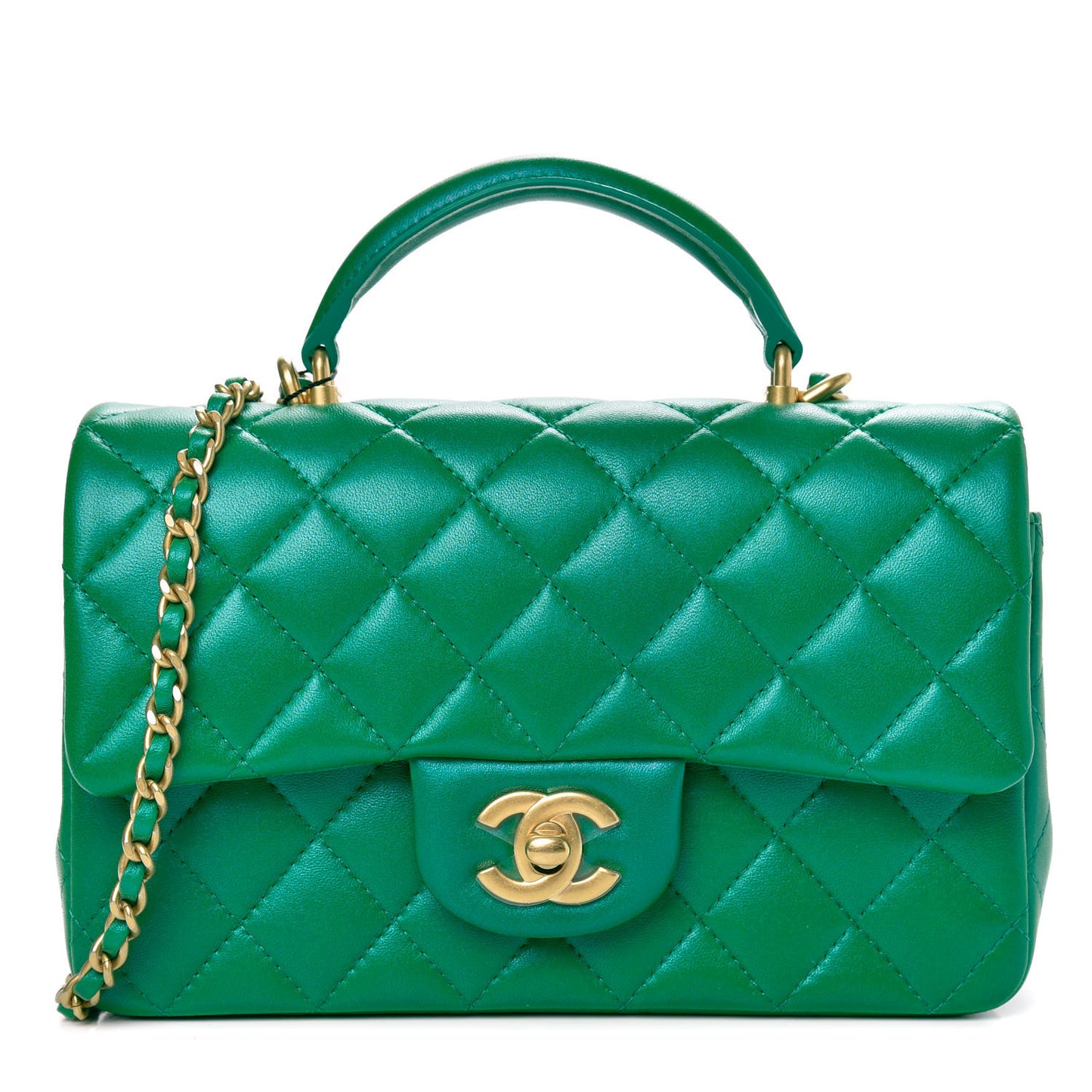 Iridescent Lambskin Quilted Mini Top Handle Rectangular Flap Green
