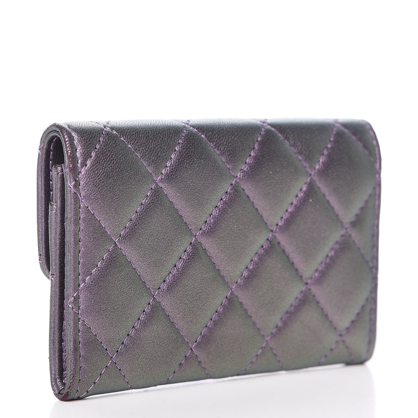 Metallic Lambskin Quilted Flap Card Holder Dark Purple