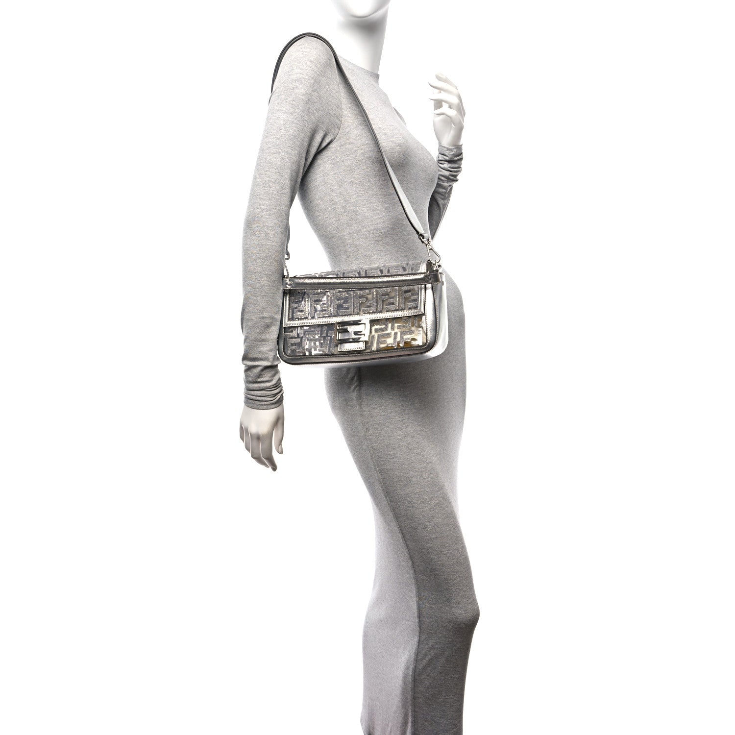 Fendi PVC Vitello Catalan Mirror Sequin FF Baguette Argento 2 of 11