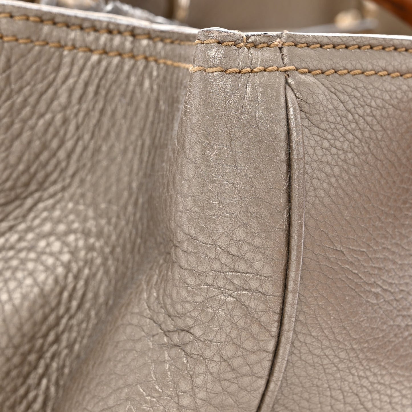 Metallic Pebbled Calfskin Medium Bamboo Shopper Tote Golden Beige