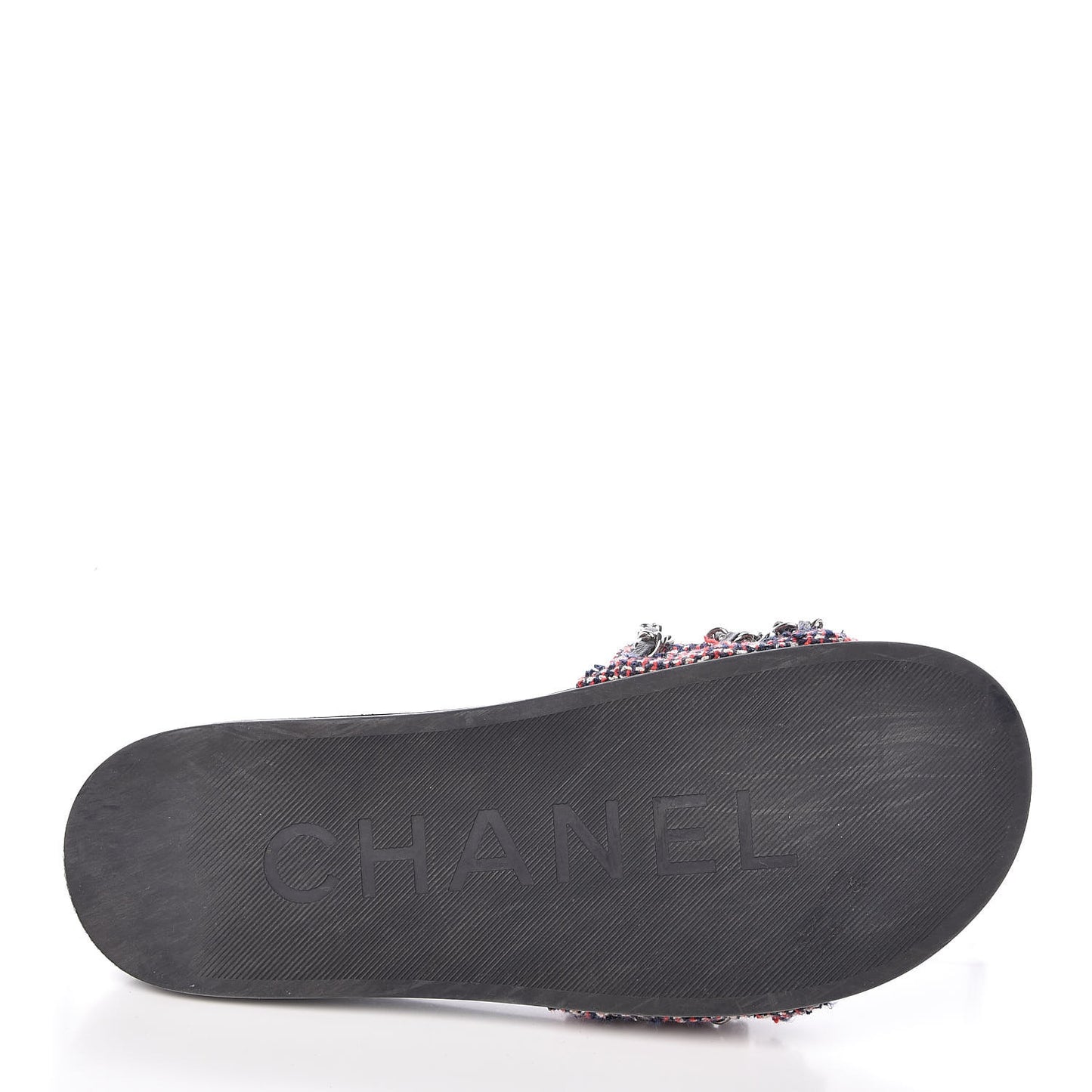 Tweed Lambskin Chain Flat Sandals 39 Black Multicolor