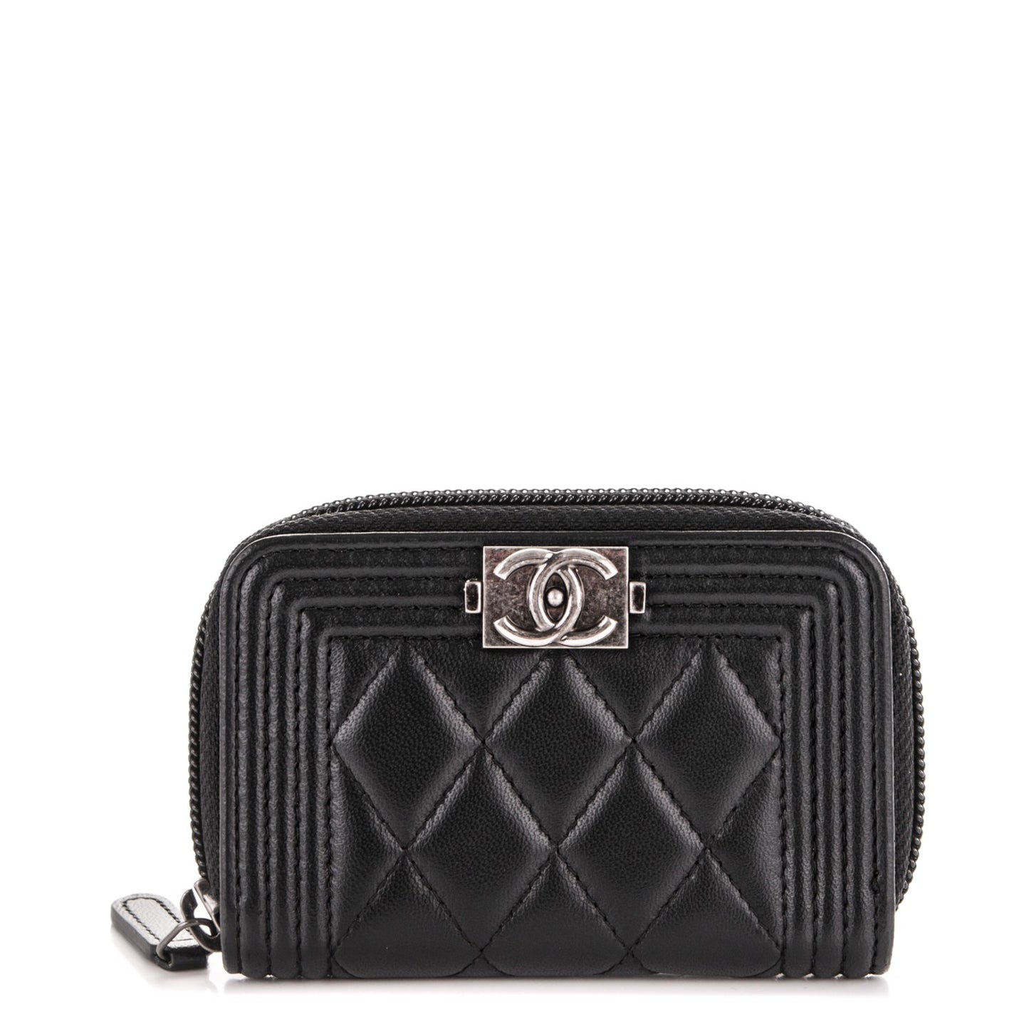 Lambskin Quilted Zip Around Boy Coin Purse Wallet Black