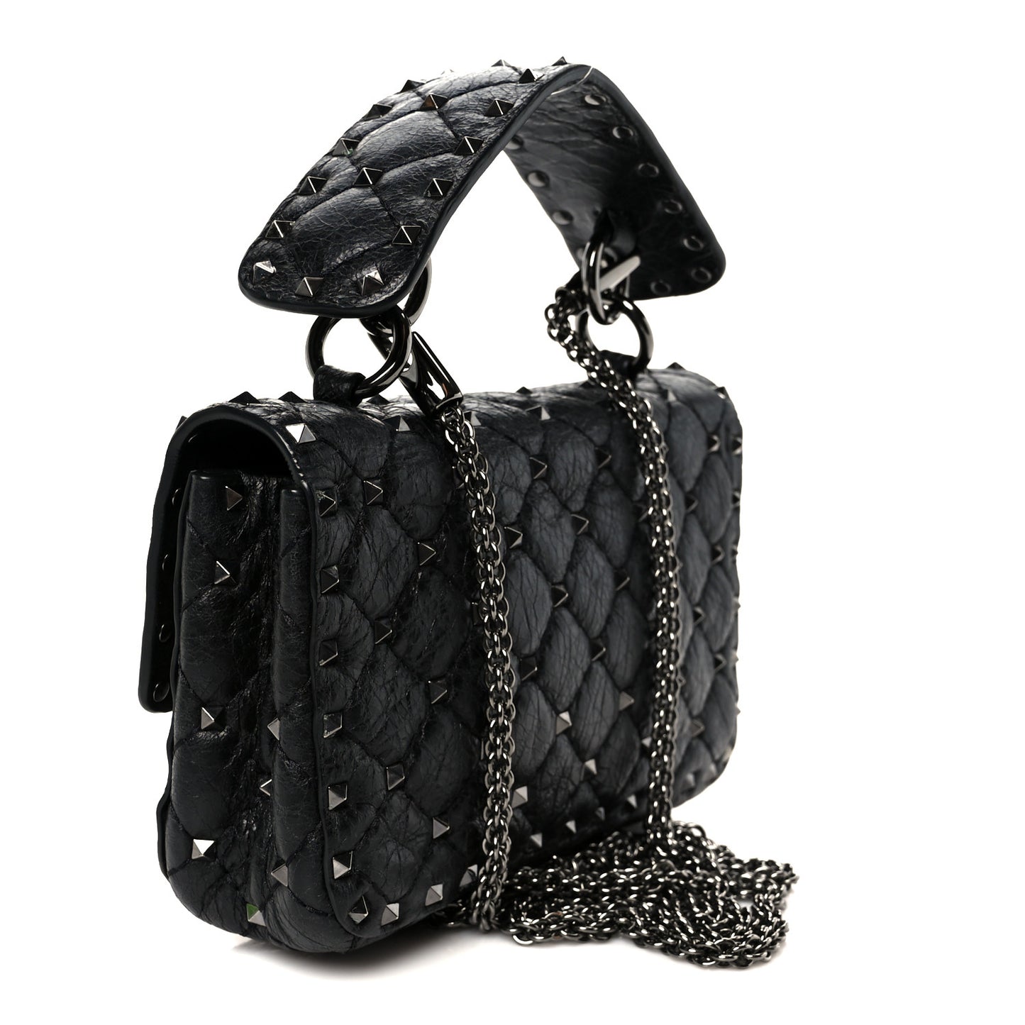 Craquele Nappa Small Rockstud Spike Shoulder Bag Black