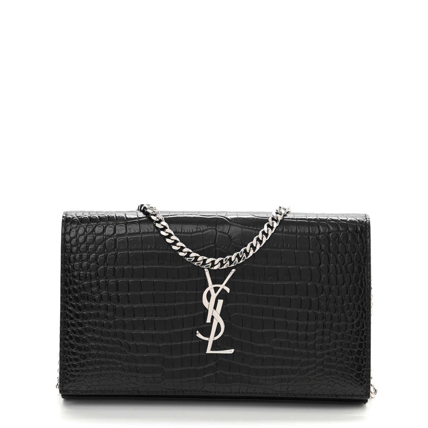 Calfskin Crocodile Embossed Monogram Chain Wallet Black