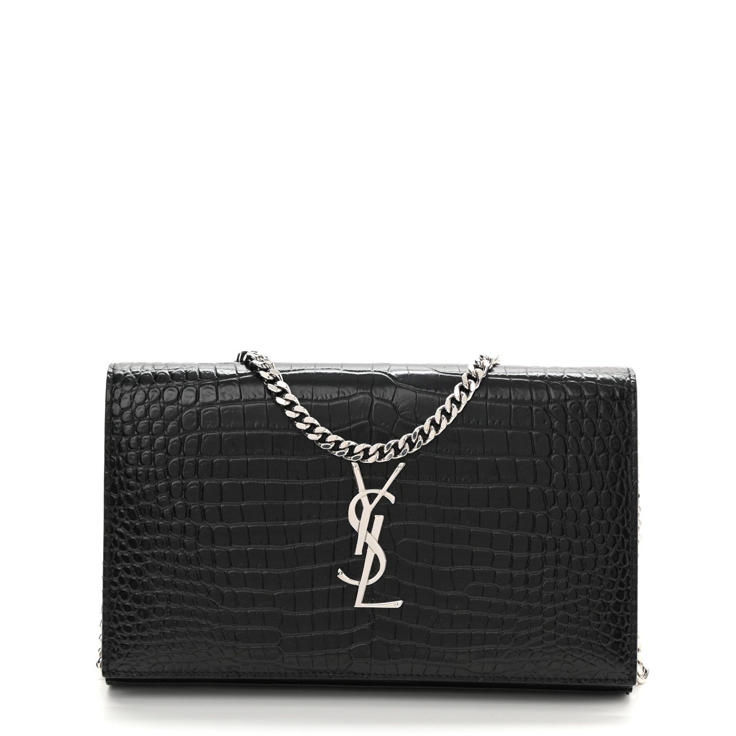 Saint Laurent Calfskin Crocodile Embossed Monogram Chain Wallet Black 1 of 8