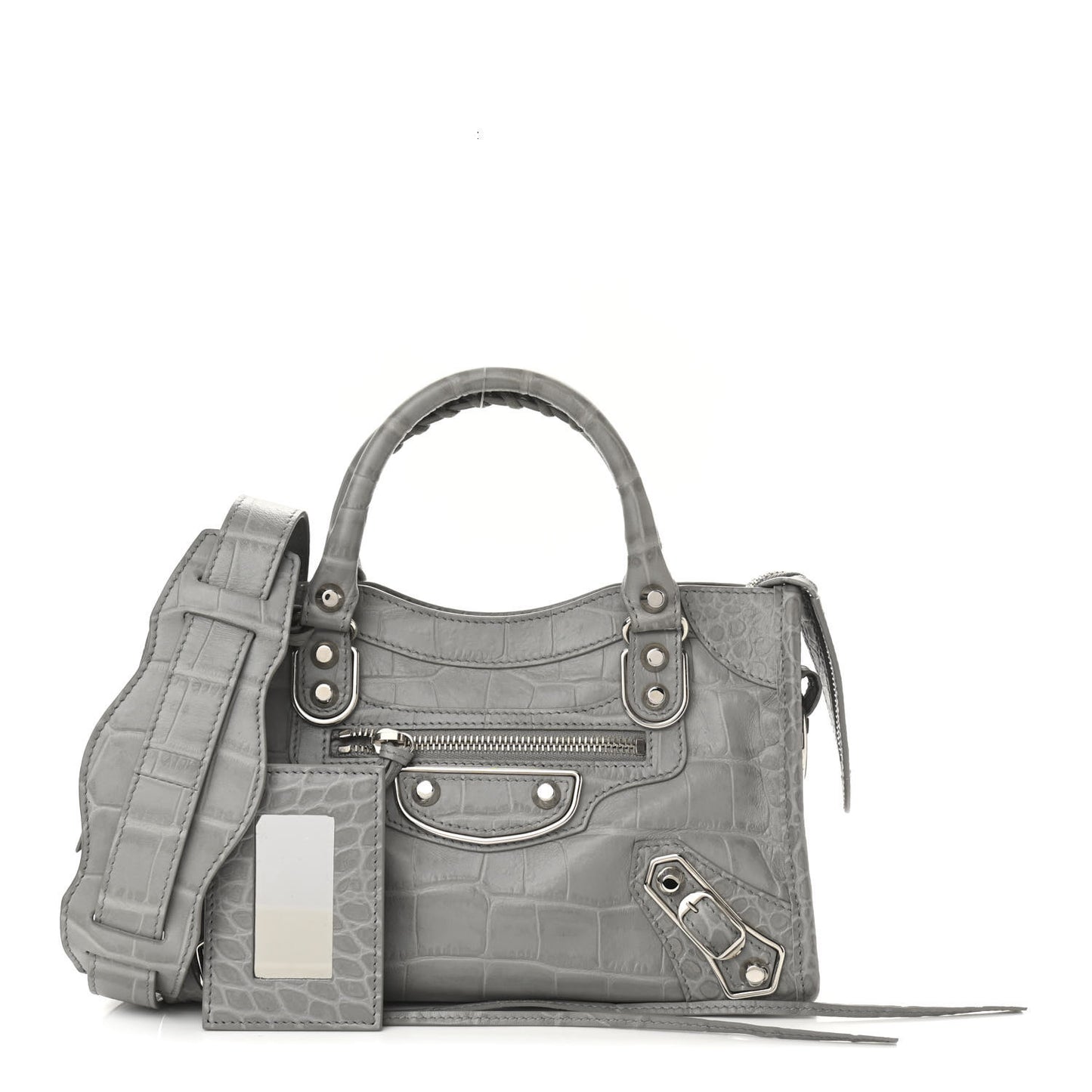 Calfskin Crocodile Embossed Silver Metallic Edge Hardware Mini City Haussmannien