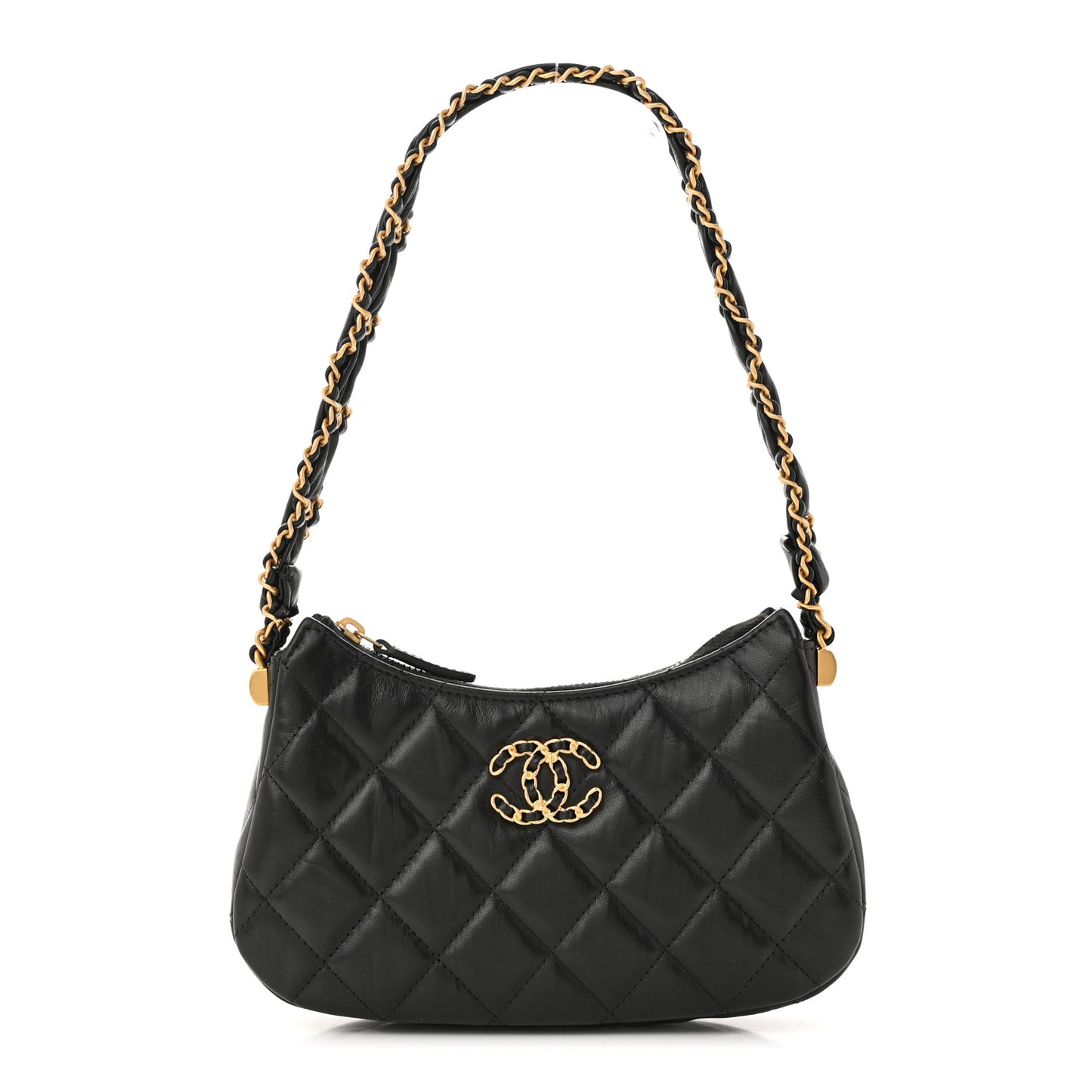 Crumpled Calfskin Quilted Braided CC Small Hobo Black