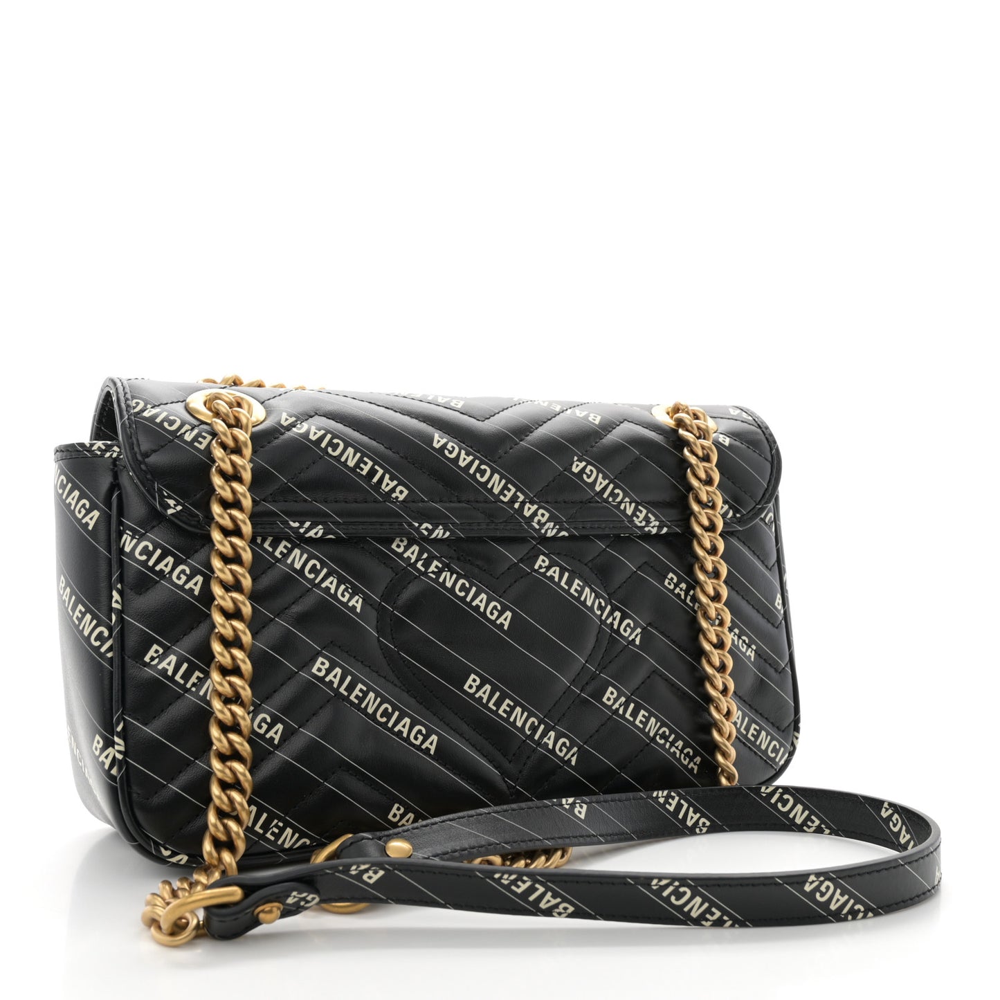 X BALENCIAGA Calfskin Matelasse Logo Print Small GG Marmont Shoulder Bag Black
