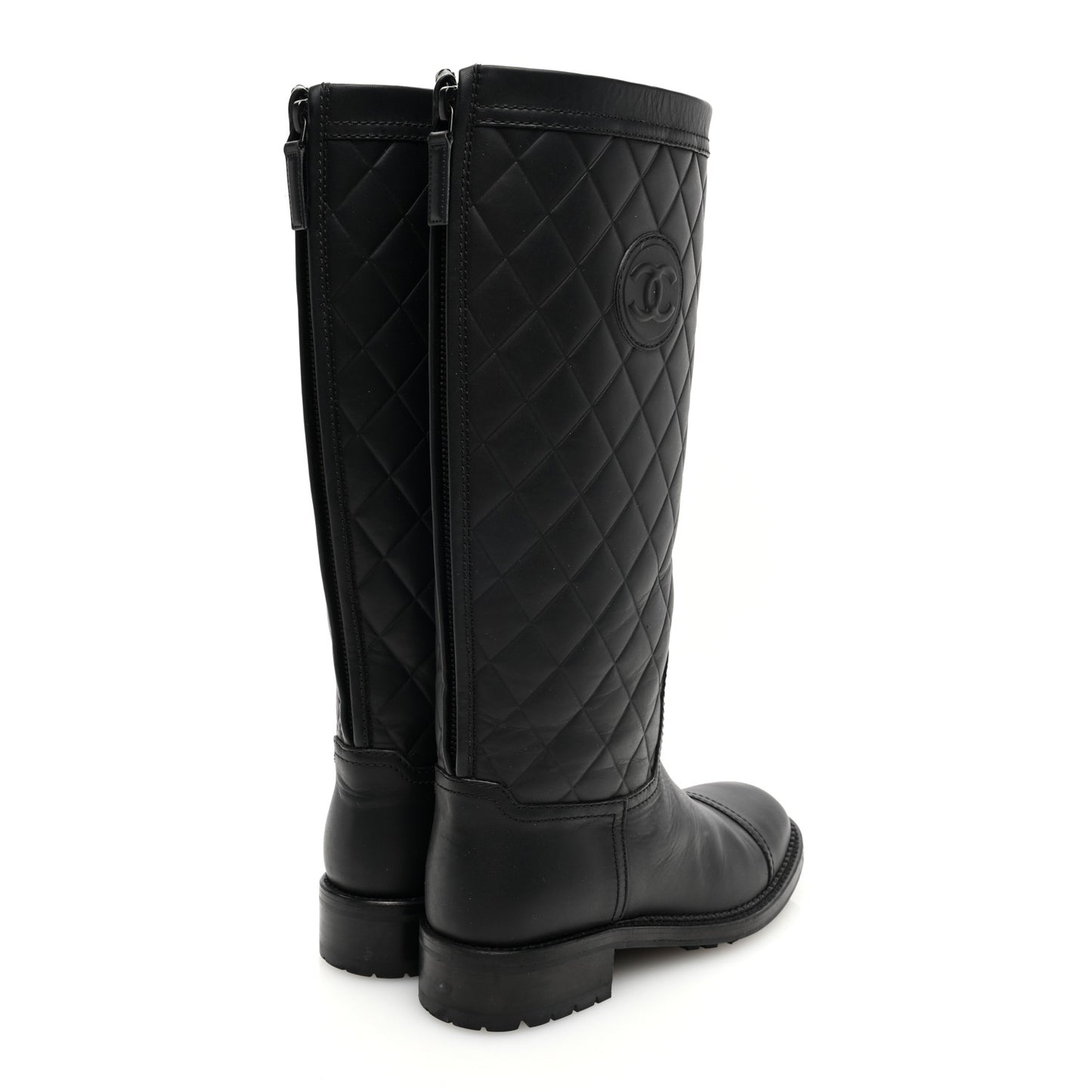 Oily Calfskin Quilted High Boots 37 Black
