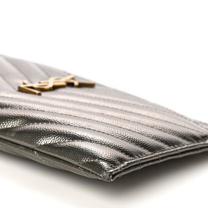 Saint Laurent Metallic Grain De Poudre Matelasse Chevron Monogram Bill Pouch Piombo 12 of 17