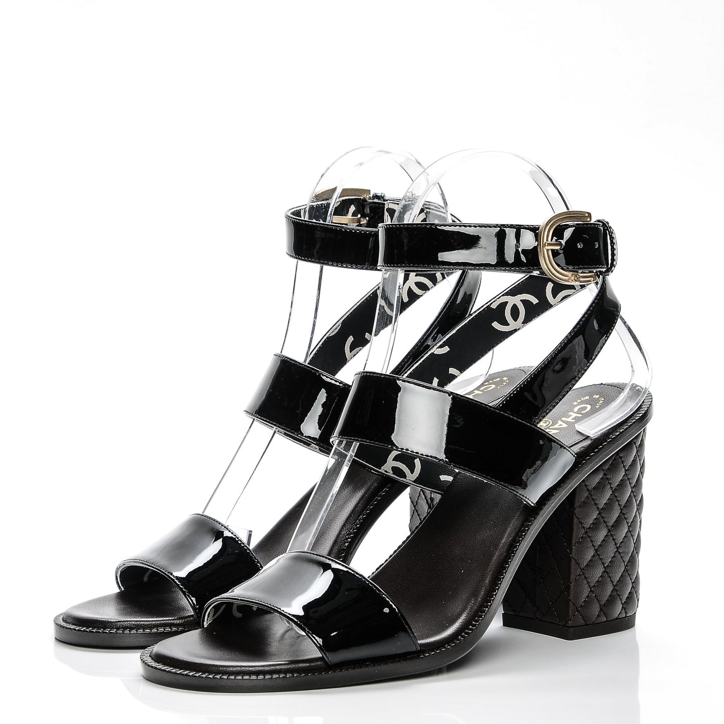 Patent Calfskin Quilted Heel Sandals 37.5 Black