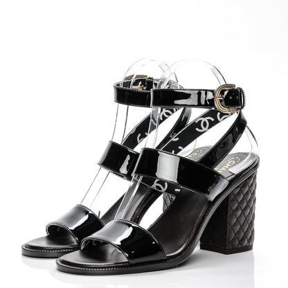 Chanel Patent Calfskin Quilted Heel Sandals 37.5 Black 3 of 7