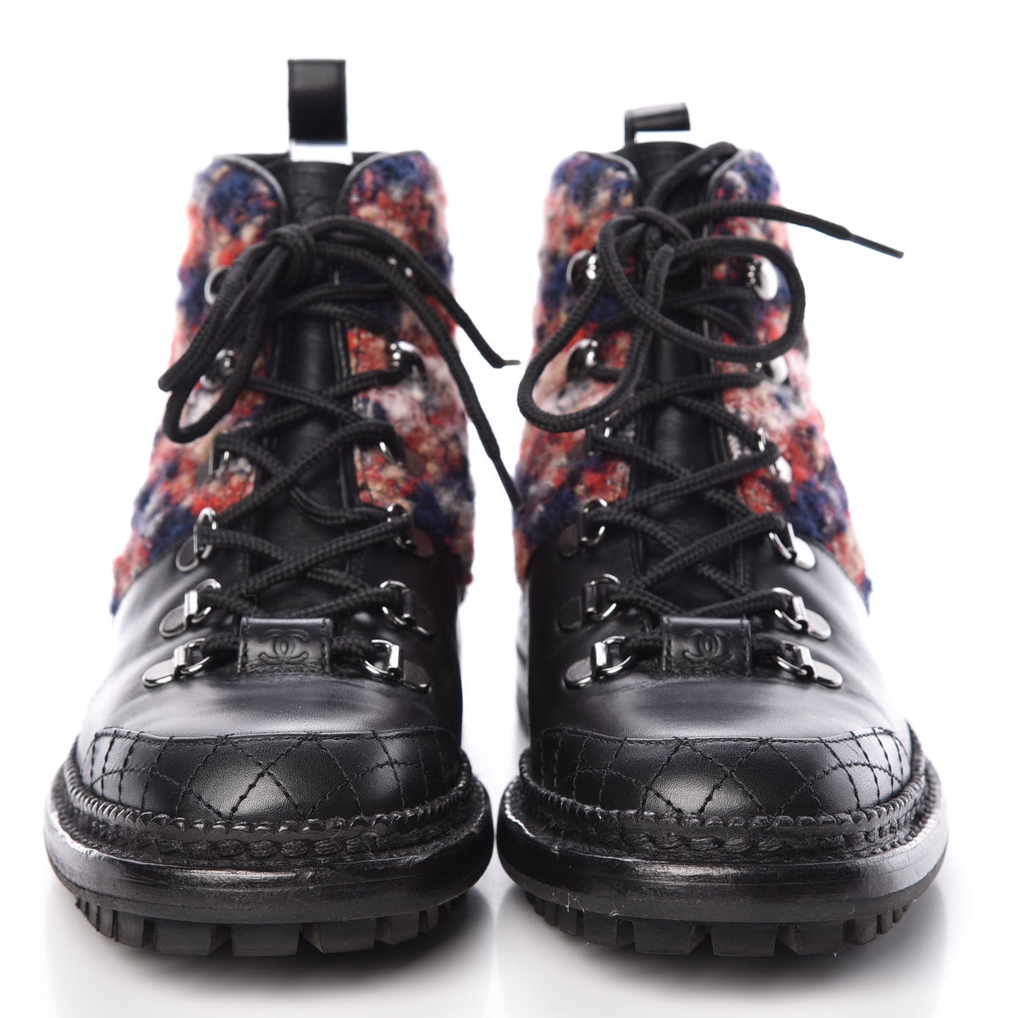 Calfskin Tweed Quilted Lace Up Short Boots 37 Black Multicolor
