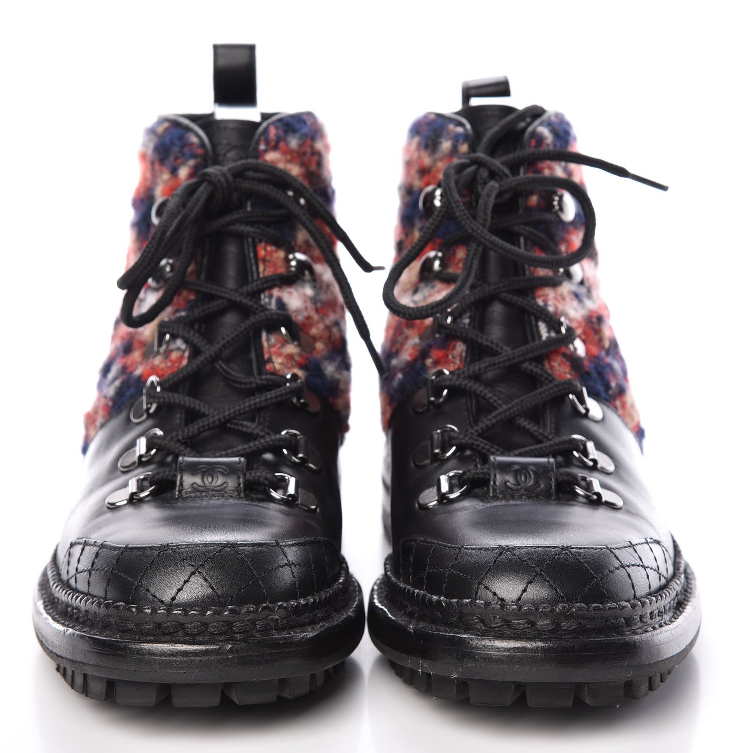 Chanel Calfskin Tweed Quilted Lace Up Short Boots 37 Black Multicolor 2 of 6