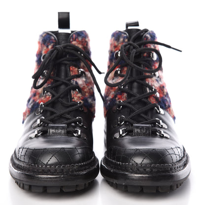 Chanel Calfskin Tweed Quilted Lace Up Short Boots 37 Black Multicolor 2 of 6