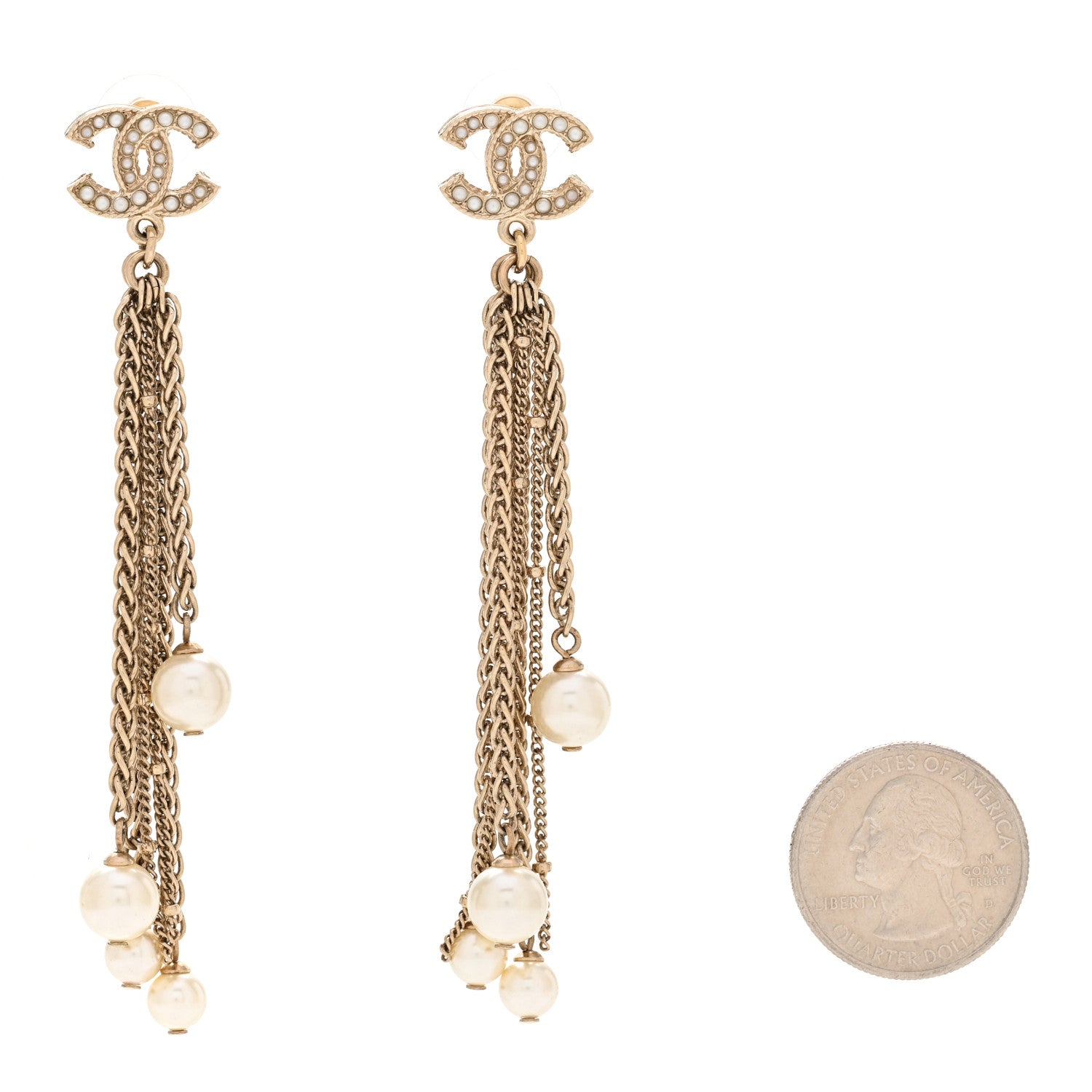 Chanel Pearl Chain CC Dangle Earrings Gold 2 of 4