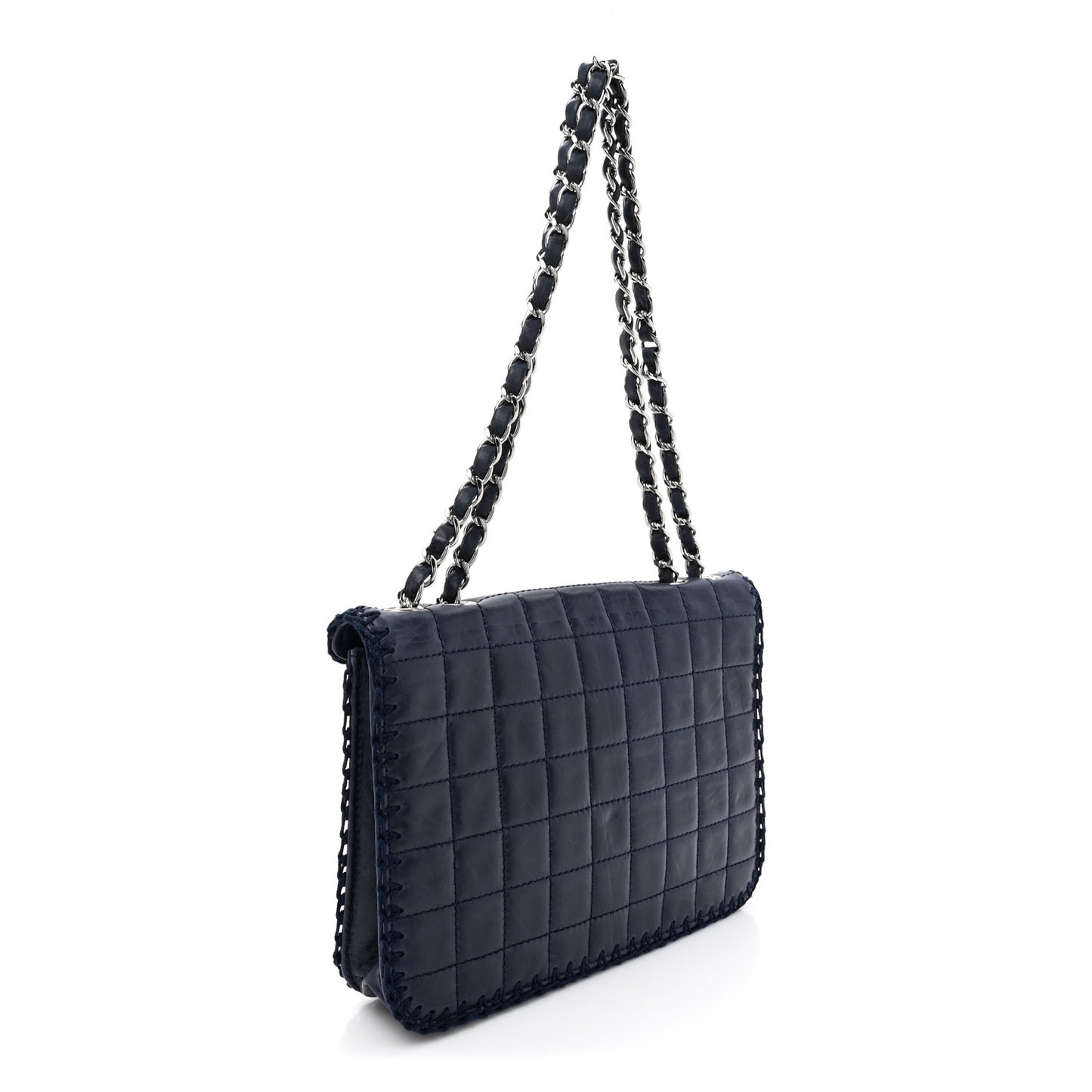 Aged Calfskin Square Quilted Mademoiselle Crochet Flap Navy