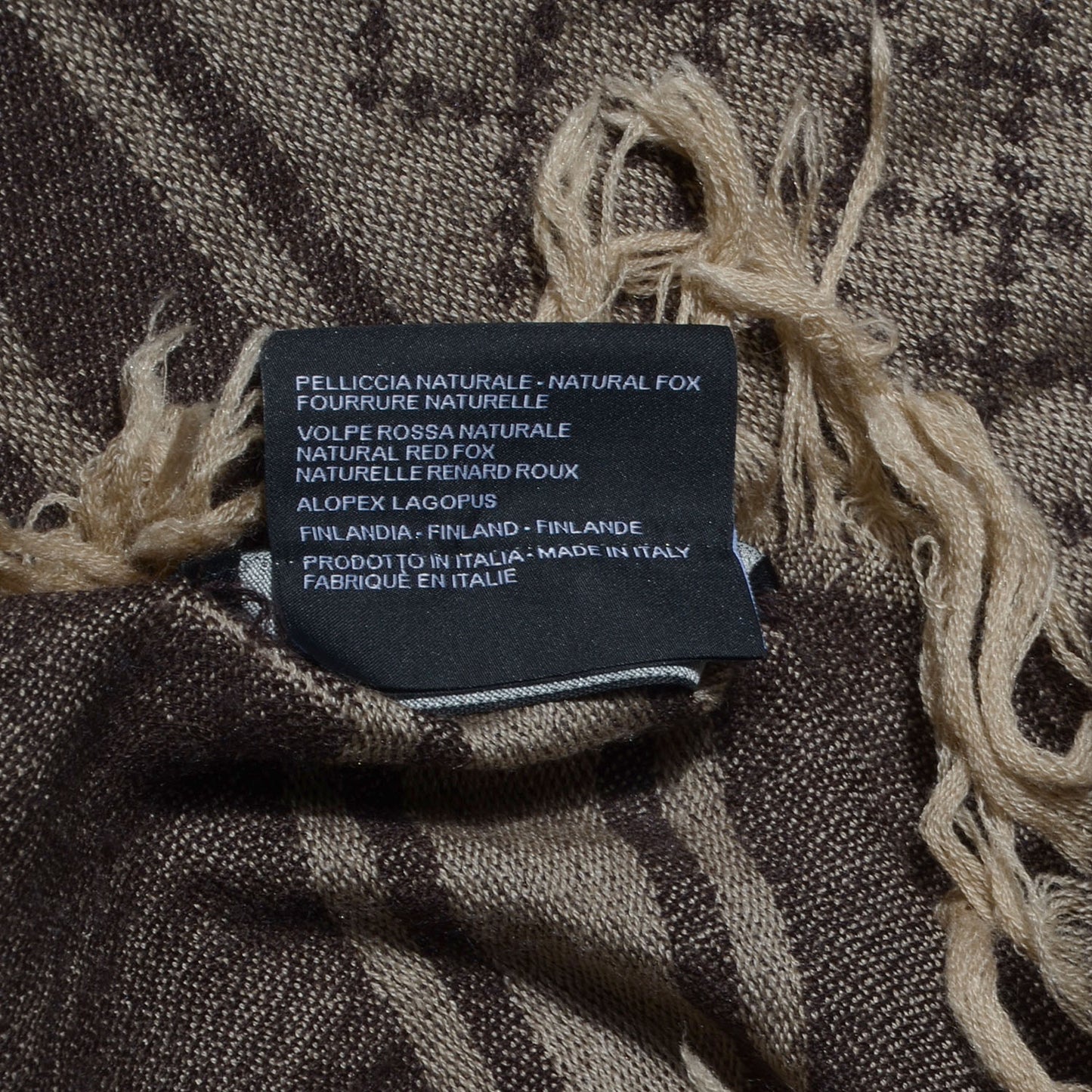 Wool Silk Fox Fur Monogram Shawl Scarf Brown