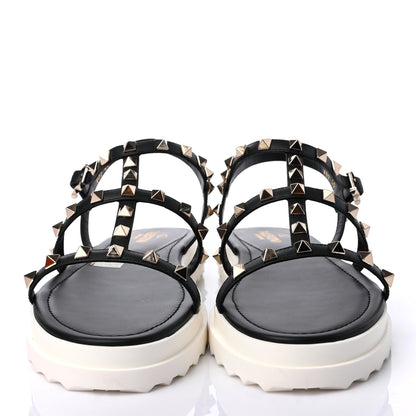 Valentino Garavani Calfskin Bedrock Rockstud Ankle Flat Sandals 40 Black 2 of 4