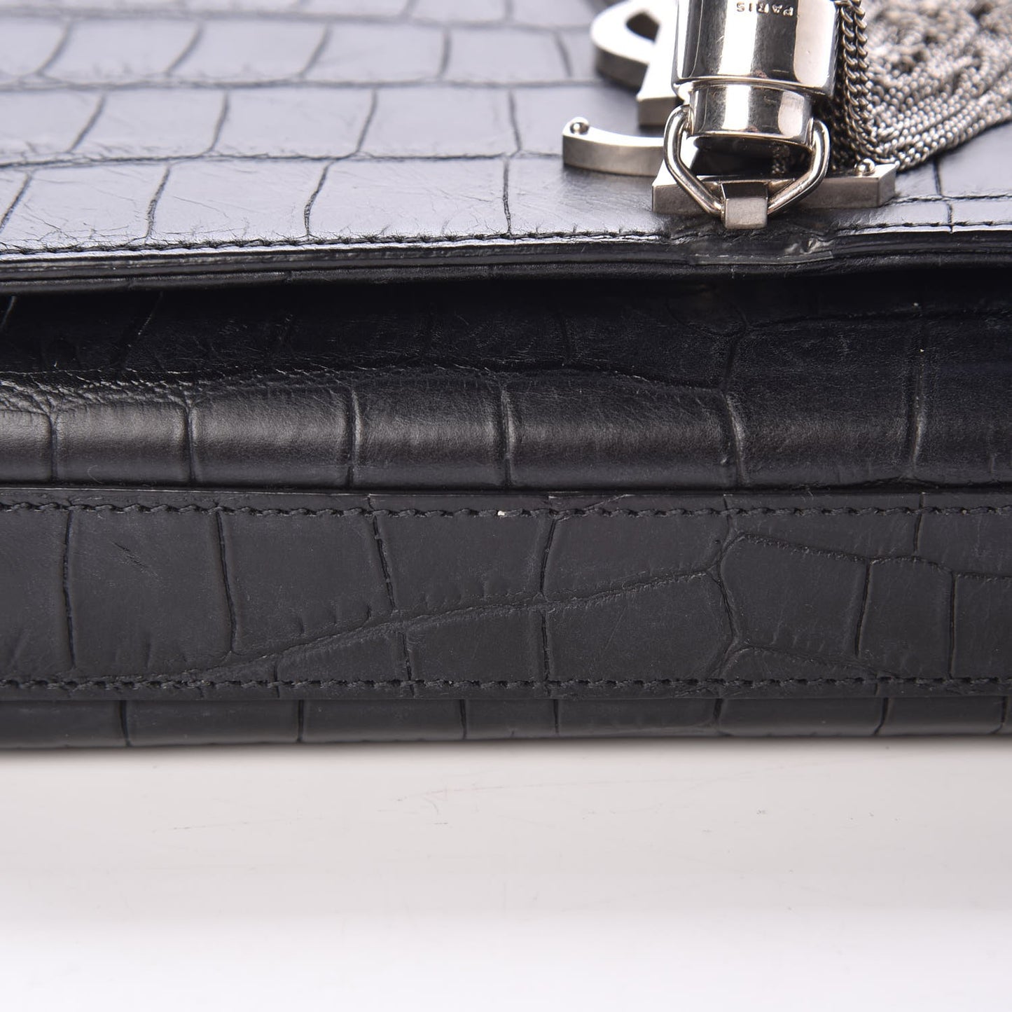 Calfskin Crocodile Embossed Monogram Small Kate Tassel Satchel Black