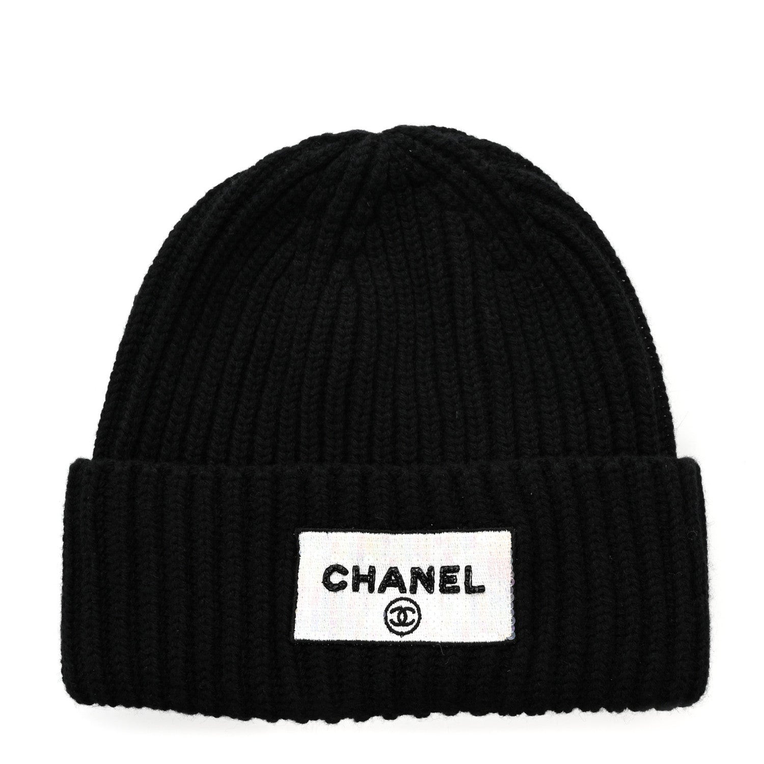 Chanel Cashmere Beaded Sequin Logo Beanie Hat Black 1 of 5