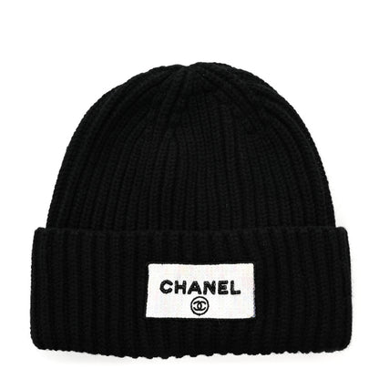Chanel Cashmere Beaded Sequin Logo Beanie Hat Black 1 of 5