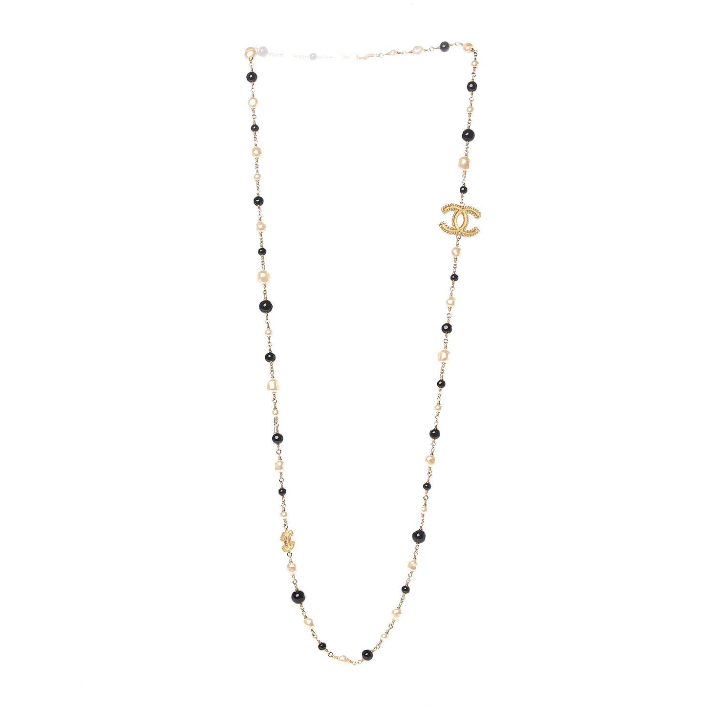 Pearl Bead CC Long Necklace Black Gold