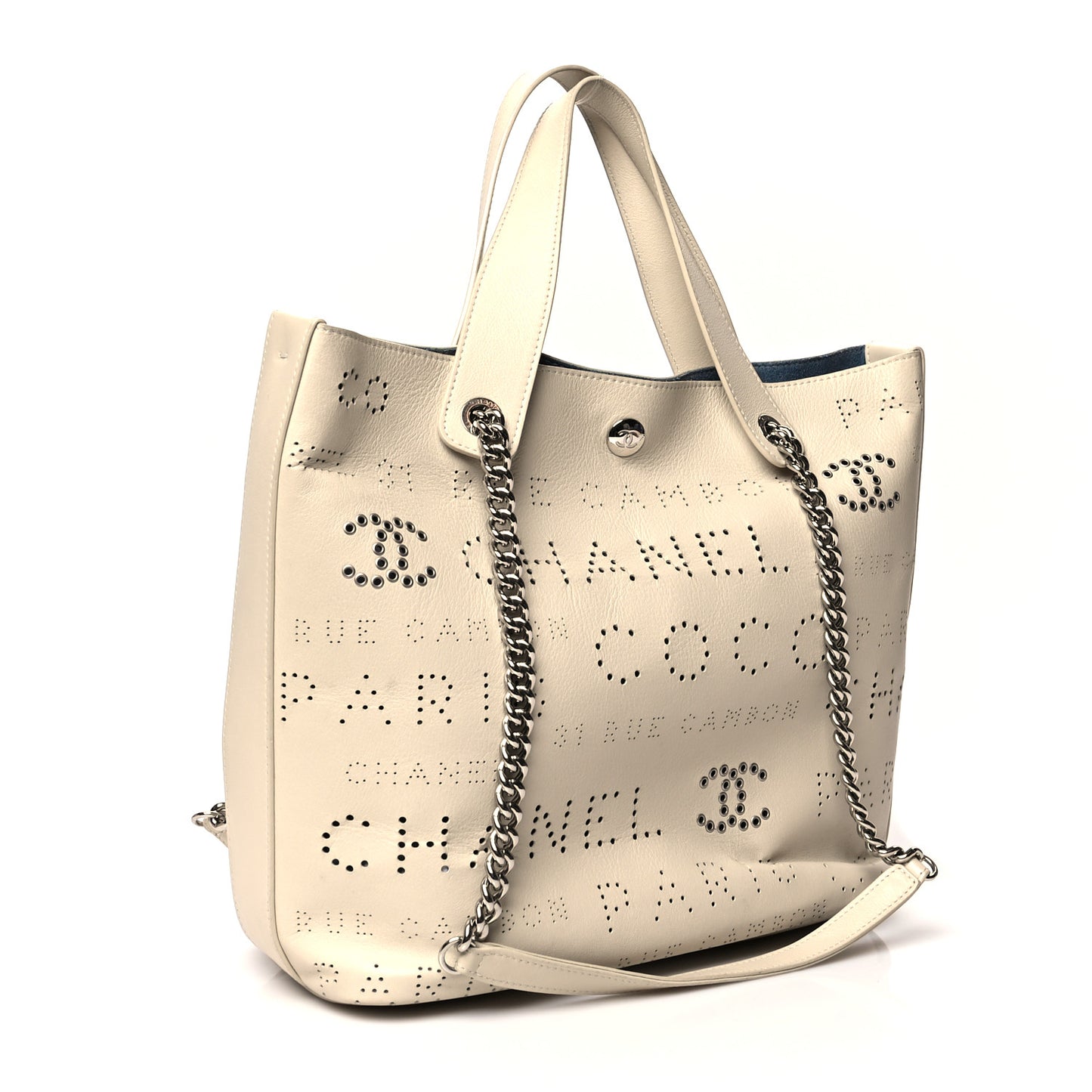 Calfskin Tweed Small Logo Eyelets Shopping Tote Beige