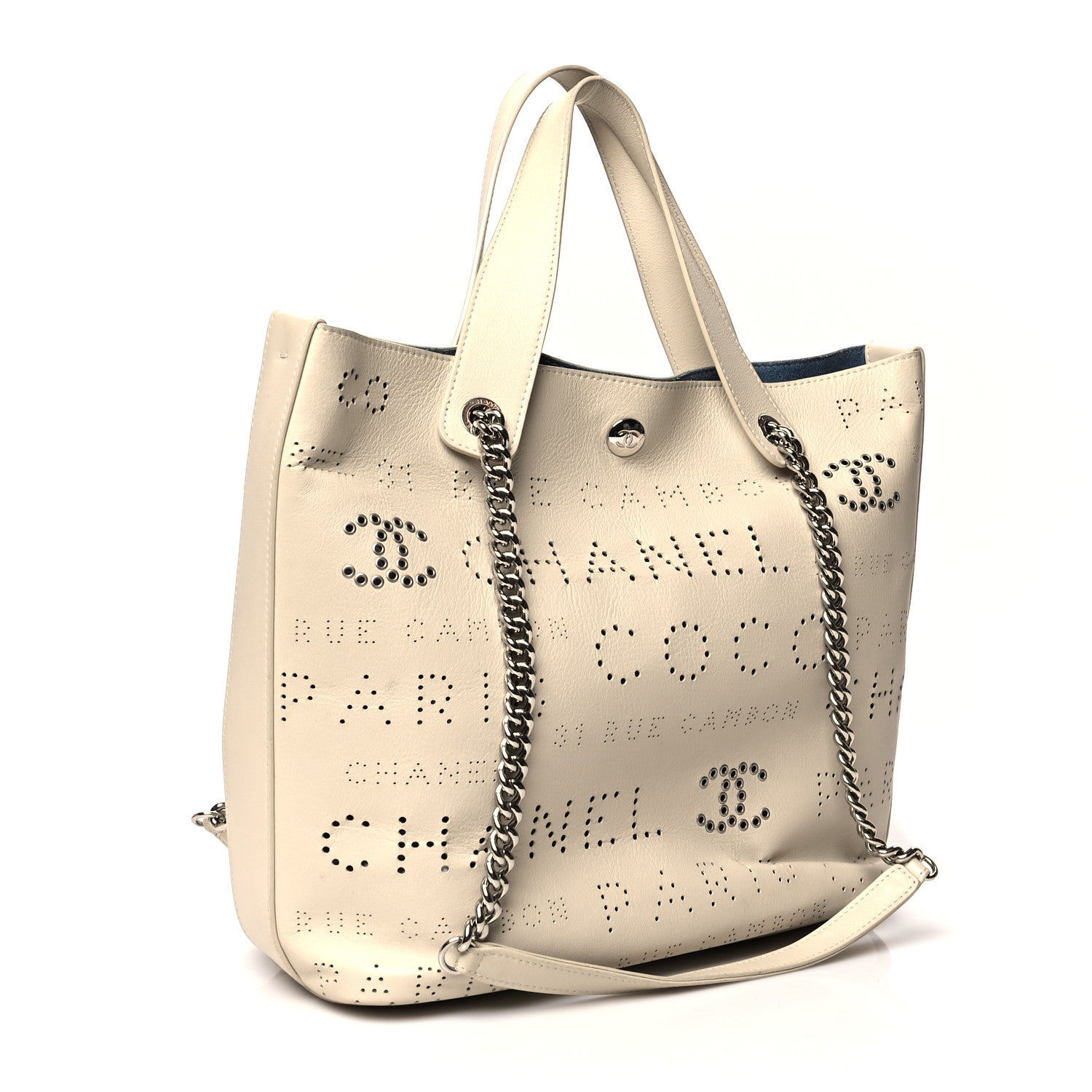 Chanel Calfskin Tweed Small Logo Eyelets Shopping Tote Beige 4 of 12