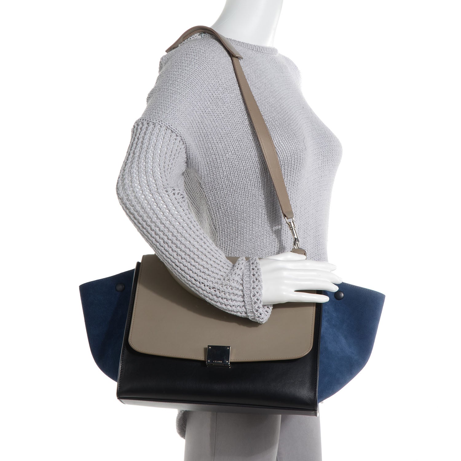 Celine Textured Calfskin and Suede Medium Trapeze Tri-Color Sand 2 of 9