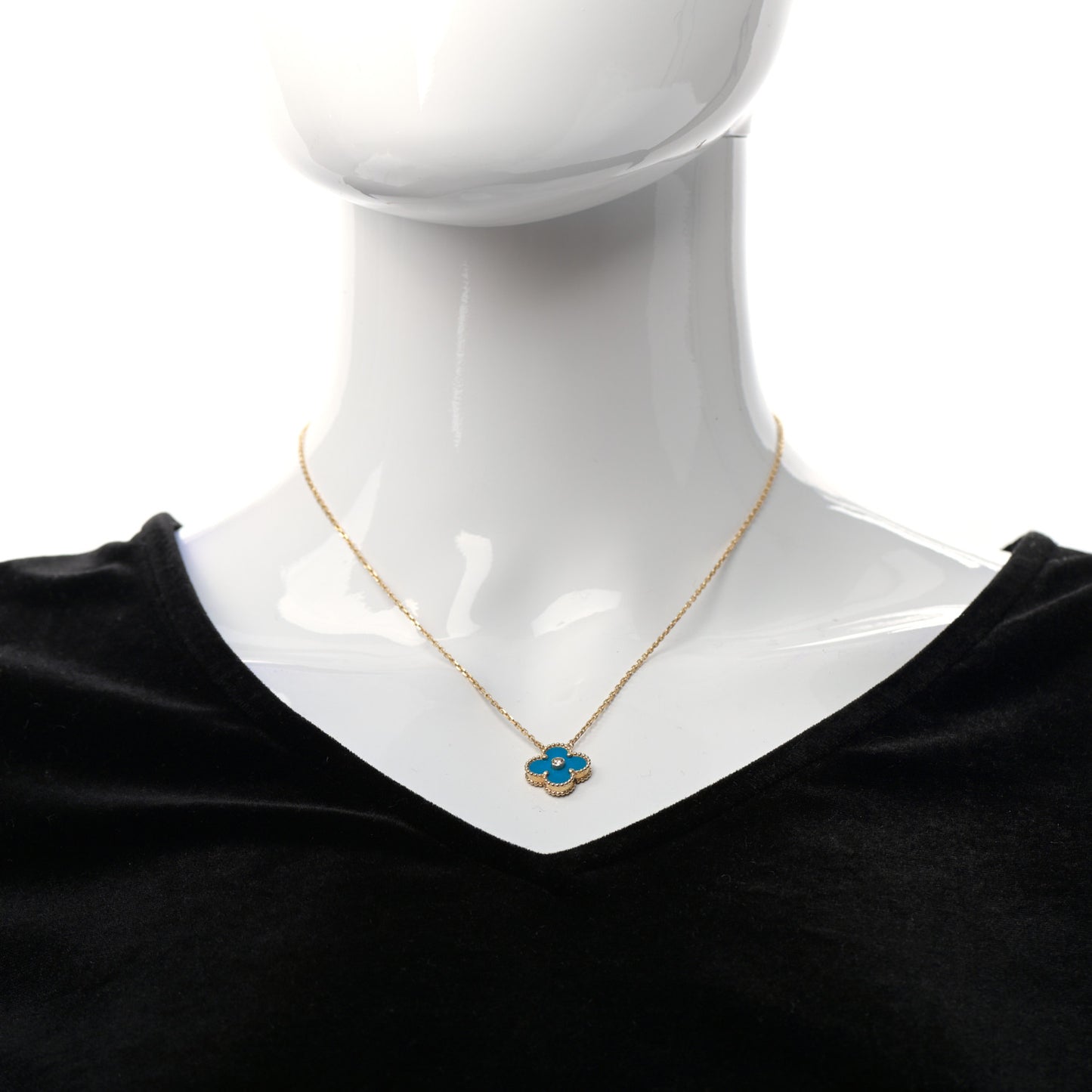 18K Yellow Gold Diamond Celestial Blue Sevres Porcelain Vintage Alhambra Pendant Necklace