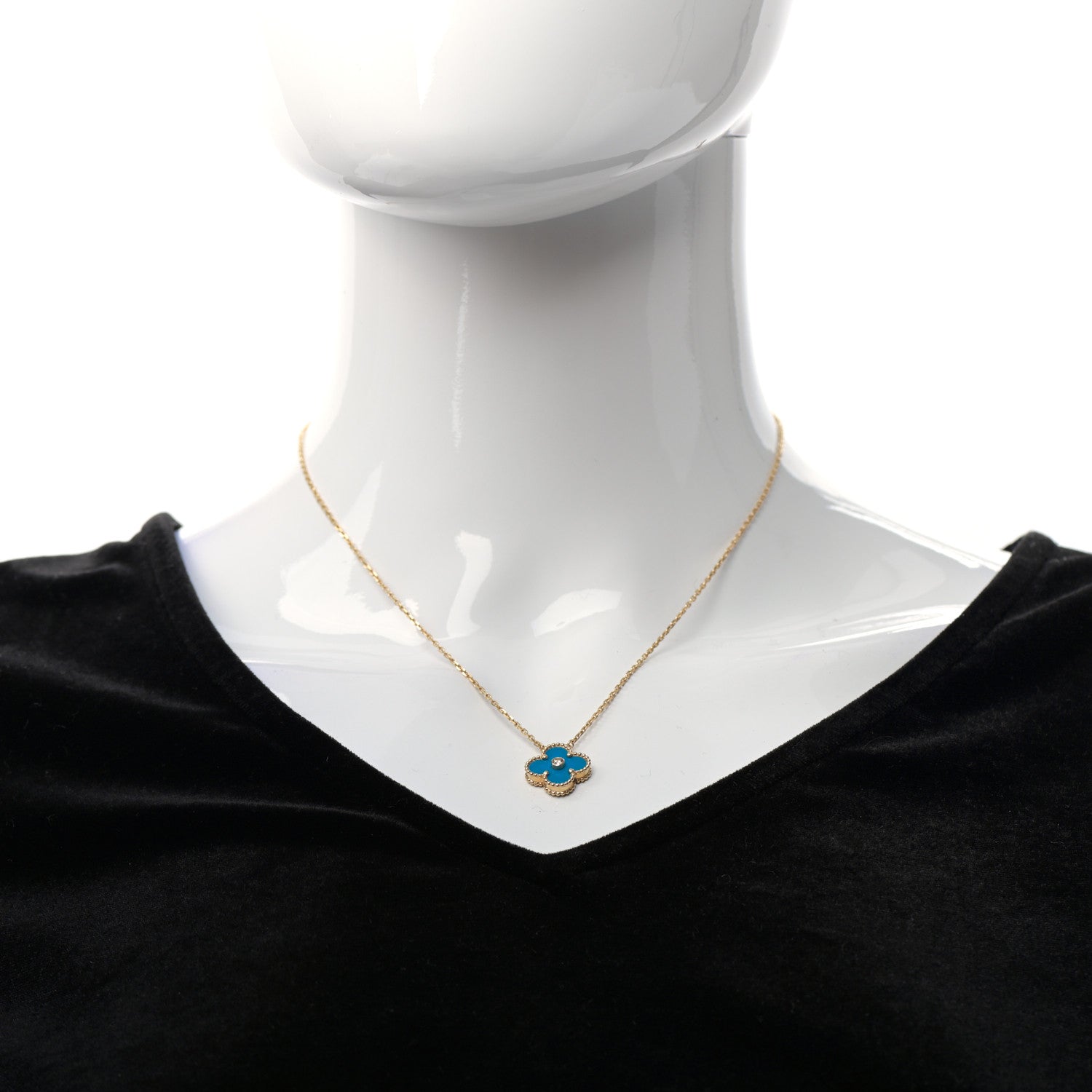 Van Cleef & Arpels 18K Yellow Gold Diamond Celestial Blue Sevres Porcelain Vintage Alhambra Pendant Necklace 2 of 6