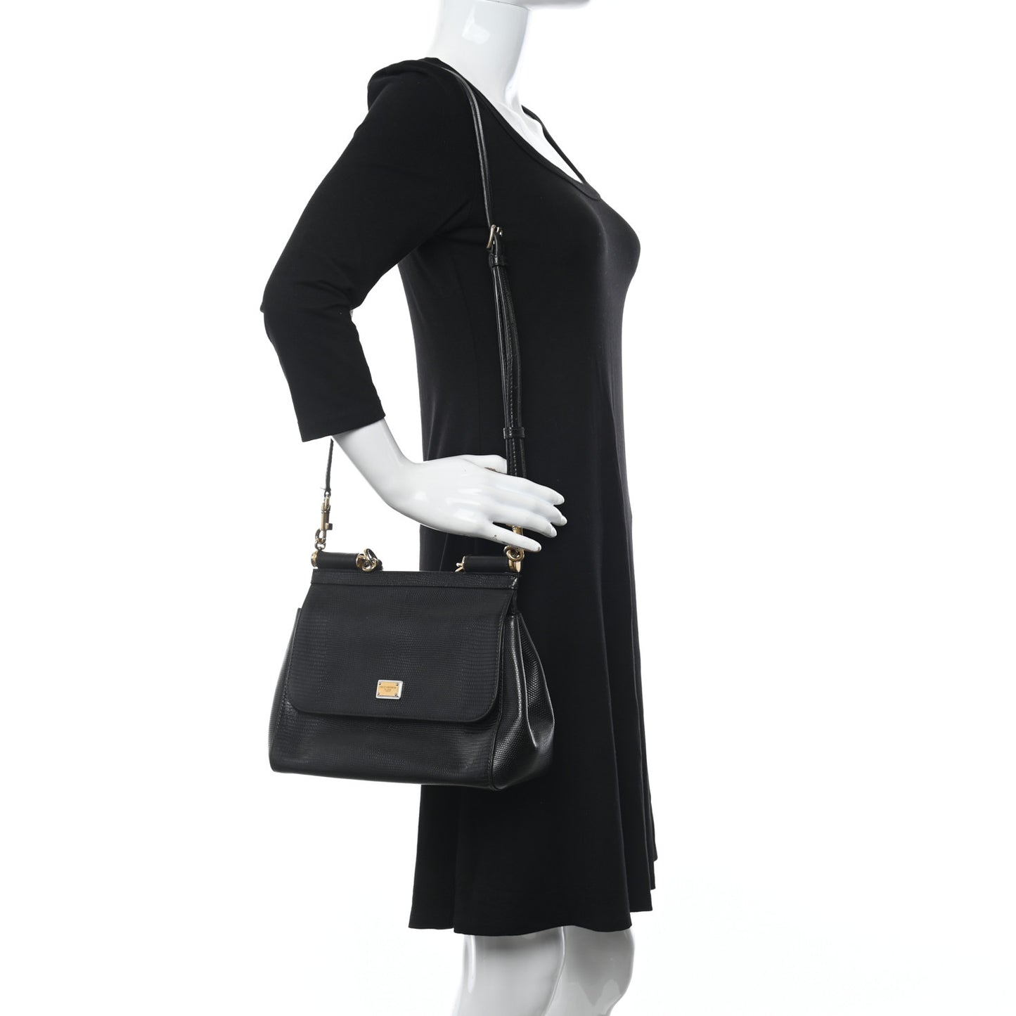 Iguana Calfskin Embossed Medium Miss Sicily Satchel Black