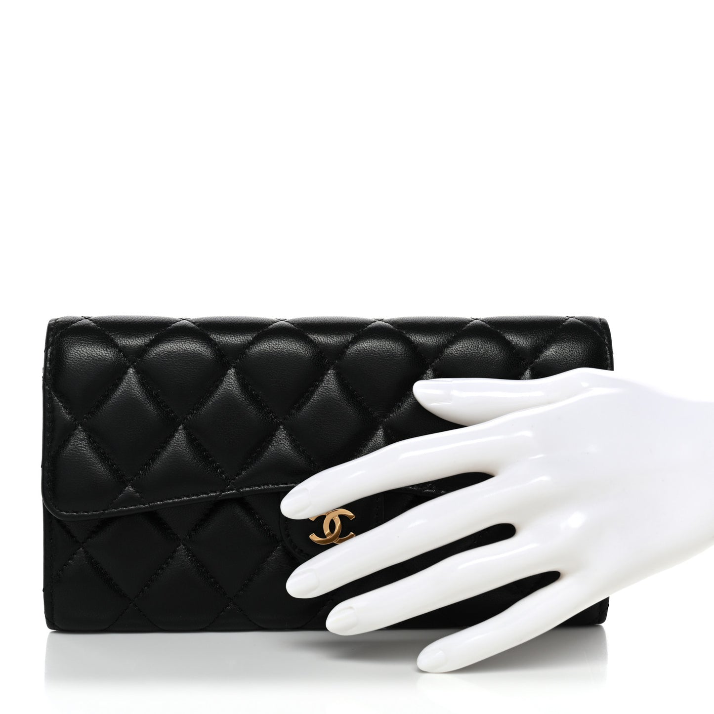 Lambskin Quilted Large Gusset Flap Wallet Black