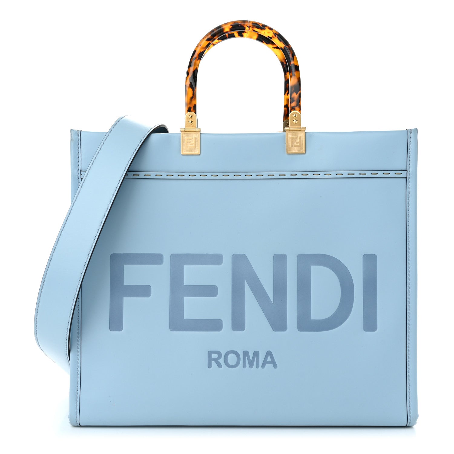 Fendi Vitello King Plexiglass Logo Embossed Medium Fendi Sunshine Shopper Tote Azzurro Baby 1 of 8