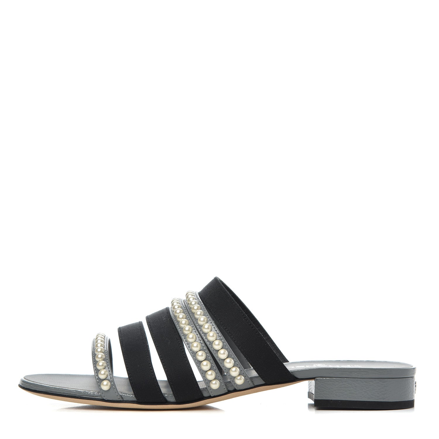 Chanel Patent Grosgrain CC Pearl Mules 38 Grey Black 1 of 11