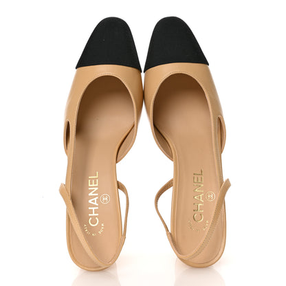 Chanel Goatskin Grosgrain Cap Toe CC Slingback Pumps 39.5 Beige Black 2 of 10