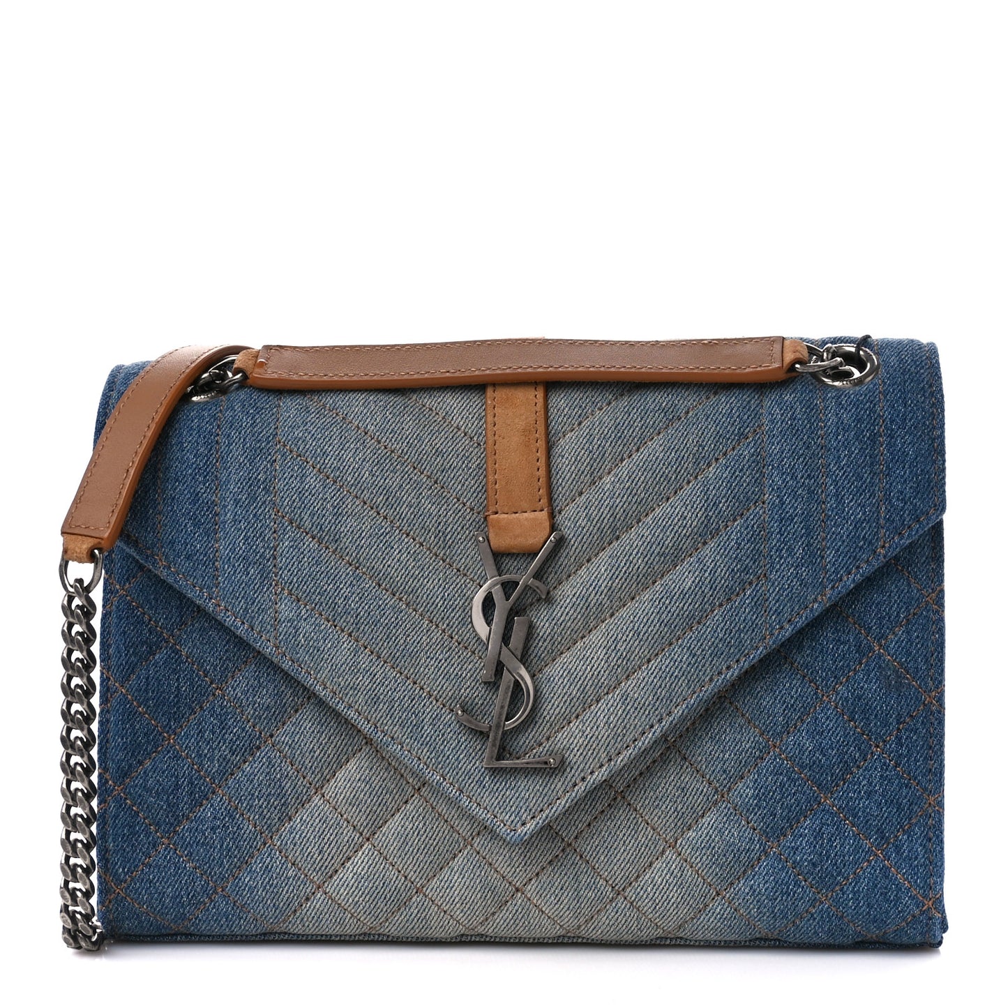 Denim Mixed Matelasse Triquilt Medium Monogram Envelope Satchel Blue