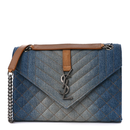 Saint Laurent Denim Mixed Matelasse Triquilt Medium Monogram Envelope Satchel Blue 1 of 10