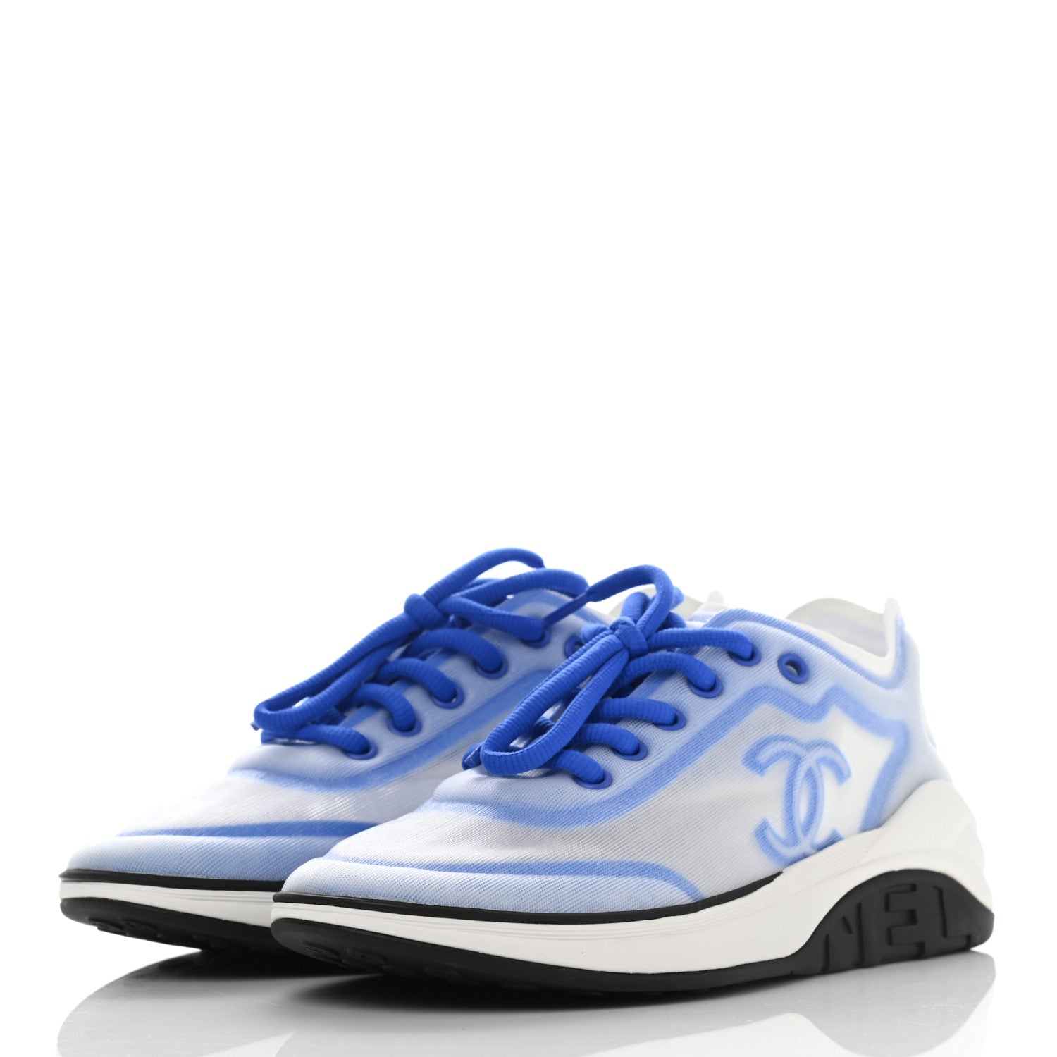 Chanel Calfskin Mesh Lyrca Womens Logo Sneakers 36.5 White Blue 3 of 7
