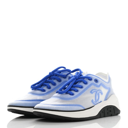 Chanel Calfskin Mesh Lyrca Womens Logo Sneakers 36.5 White Blue 3 of 7