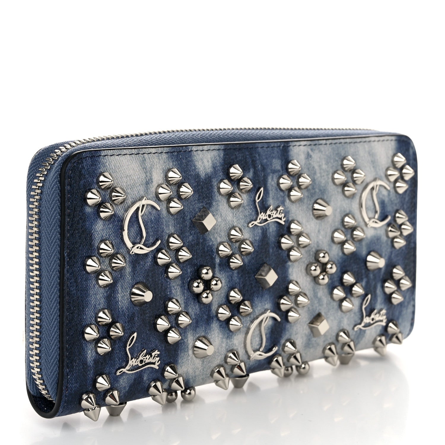 Christian Louboutin Metallic Calfskin Tie Dye Spiked Zip Around Wallet Silver 3 of 12