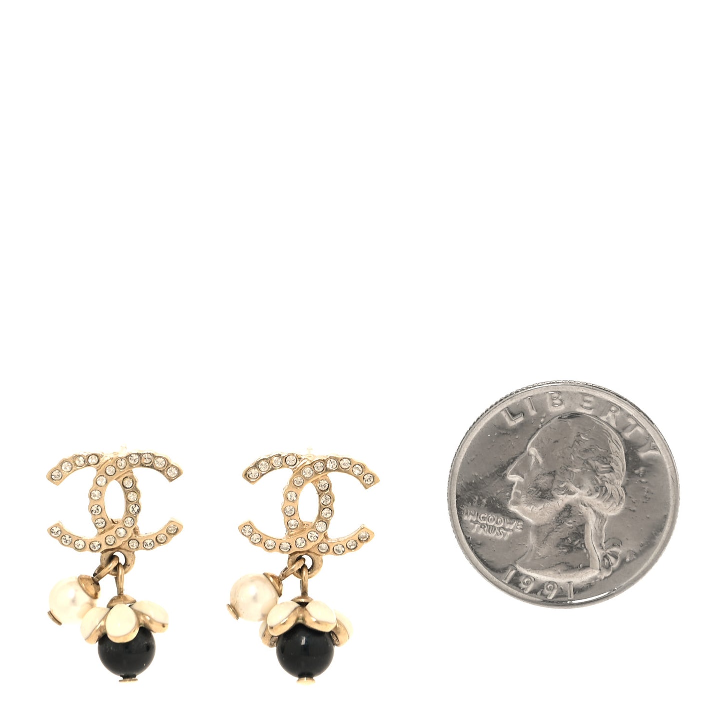 Crystal Bead Pearl CC Drop Earrings Gold White Black