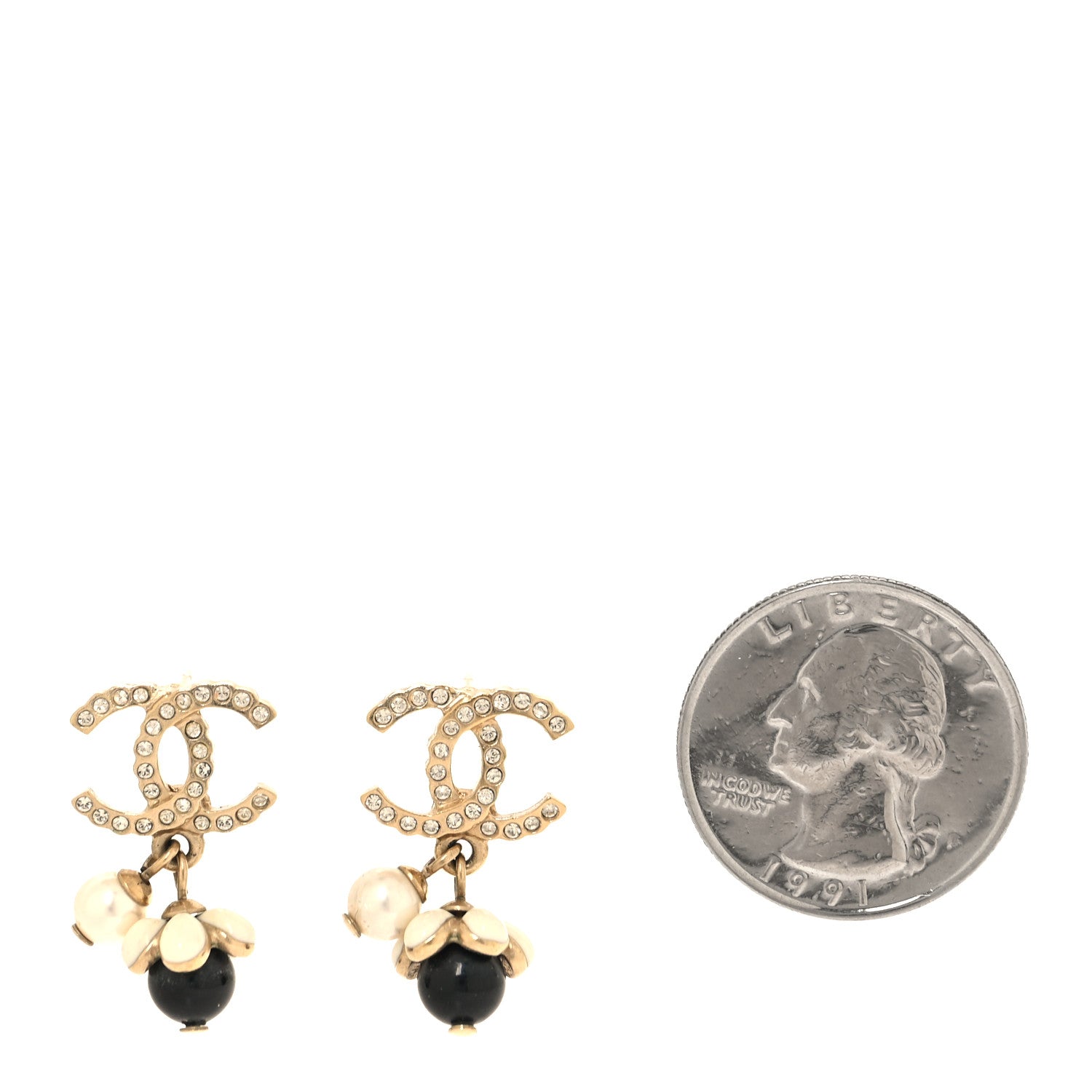 Chanel Crystal Bead Pearl CC Drop Earrings Gold White Black 2 of 5