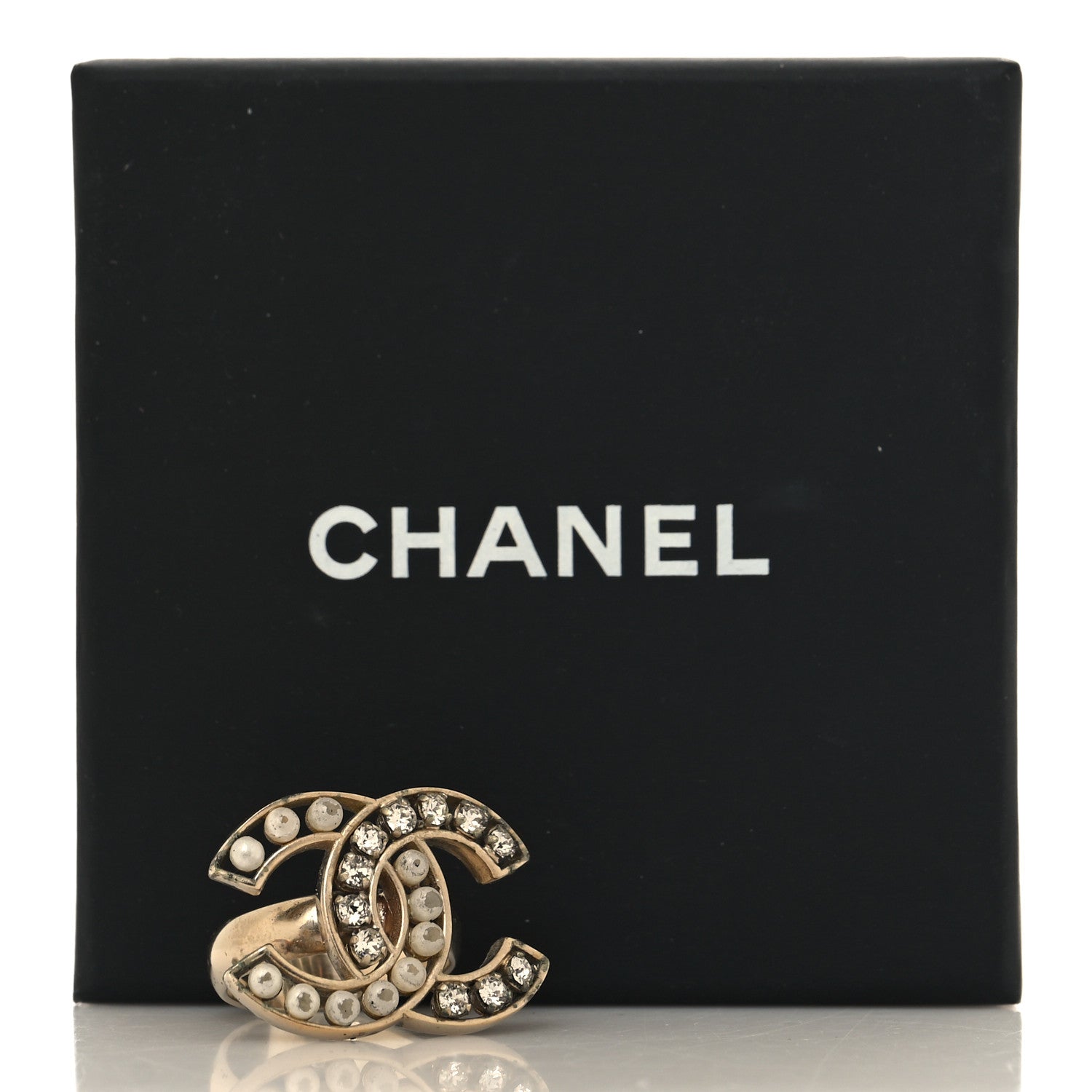 Chanel Crystal Pearl CC Ring 53 6.25 Gold 5 of 5