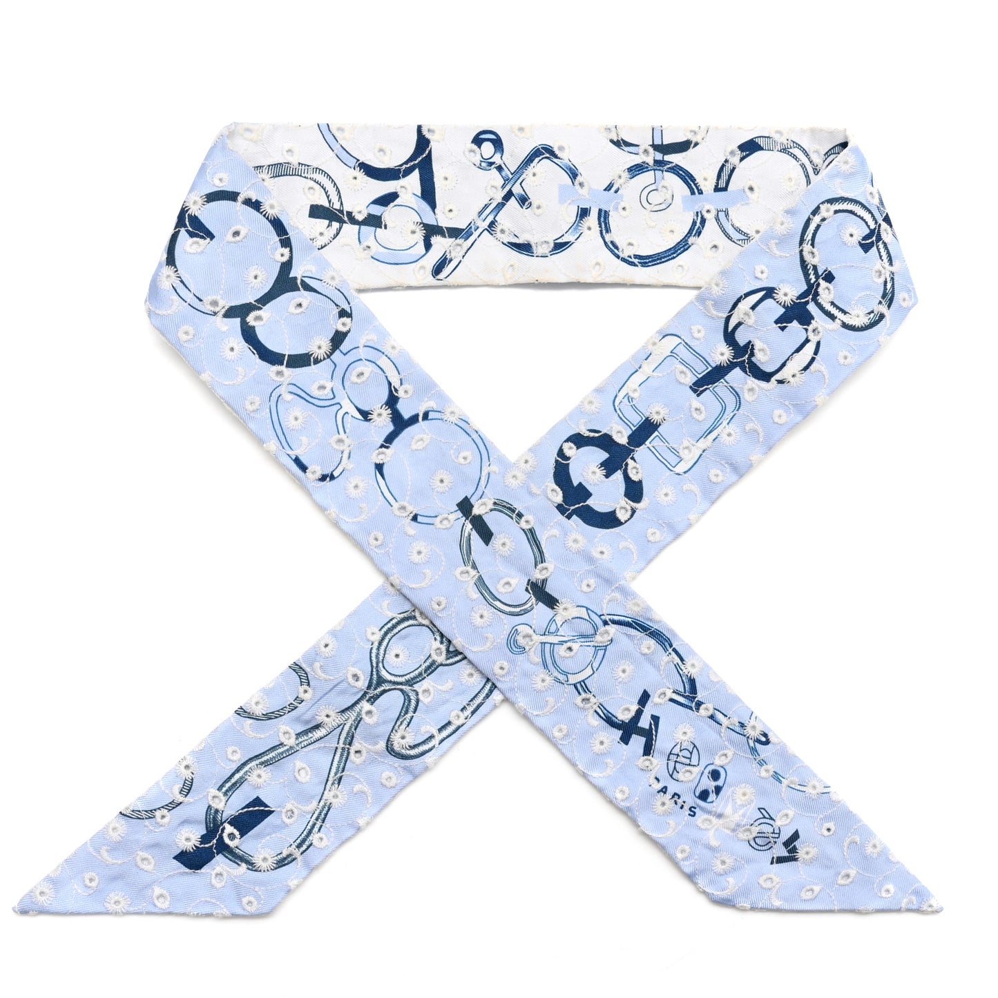 Silk Embroidered Do Re Boucles Broderie Anglaise Twilly Bleu White Marine