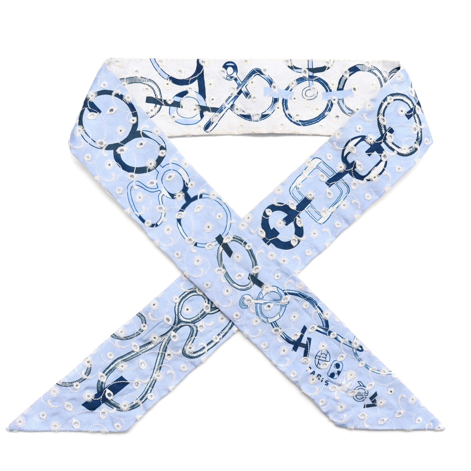 Hermes Silk Embroidered Do Re Boucles Broderie Anglaise Twilly Bleu White Marine 1 of 5