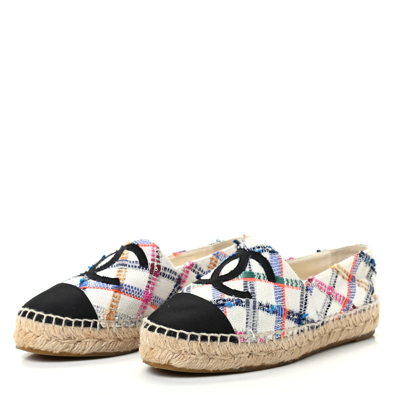 Chanel Tweed Grosgrain CC Espadrilles 35 White Blue Pink Green Black 3 of 12