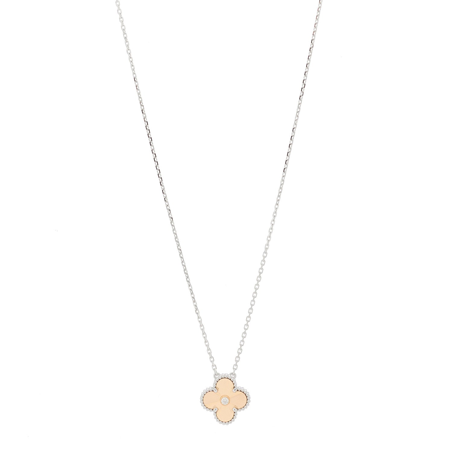 Van Cleef & Arpels 18K White Rose Gold Diamond Guilloche Vintage Alhambra Pendant Necklace 1 of 5